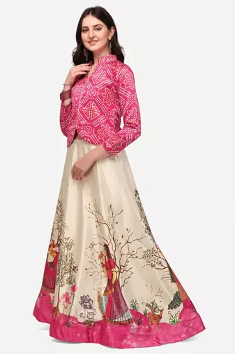 Ethnic Motifs Digital Print Shiney Satin Croptop Lehenga Choli With Unstitched Blouse For Women and Girls