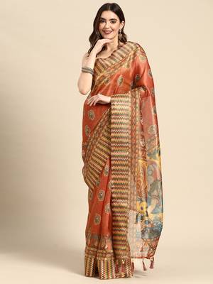 Digital Print Rapier Jequared Saree With Unstitched Blouse And Beautiful Multicoloured Thred Work At Pallu 1