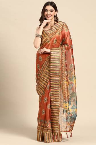 Digital Print Rapier Jequared Saree With Unstitched Blouse And Beautiful Multicoloured Thred Work At Pallu