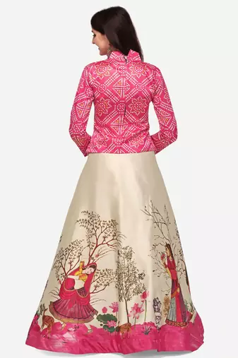 Ethnic Motifs Digital Print Shiney Satin Croptop Lehenga Choli With Unstitched Blouse For Women and Girls