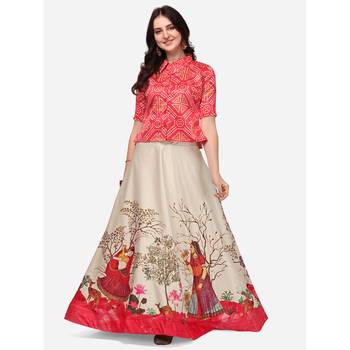 Ethnic Motifs Digital Print Shiney Satin Croptop Lehenga Choli With Unstitched Blouse For Women and Girls 1