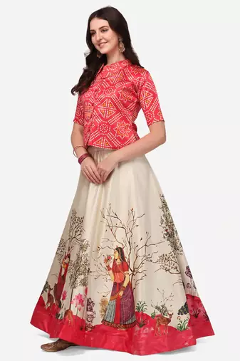 Ethnic Motifs Digital Print Shiney Satin Croptop Lehenga Choli With Unstitched Blouse For Women and Girls