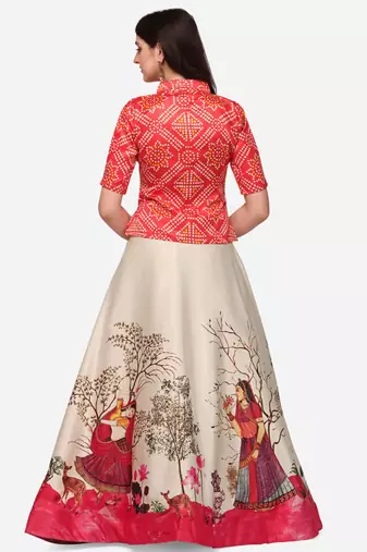 Ethnic Motifs Digital Print Shiney Satin Croptop Lehenga Choli With Unstitched Blouse For Women and Girls