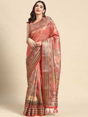 Digital Print Rapier Jequared Saree With Unstitched Blouse And Beautiful Multicoloured Thred Work At Pallu 1