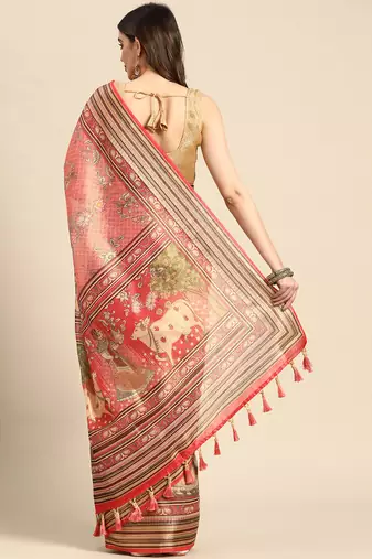 Digital Print Rapier Jequared Saree With Unstitched Blouse And Beautiful Multicoloured Thred Work At Pallu