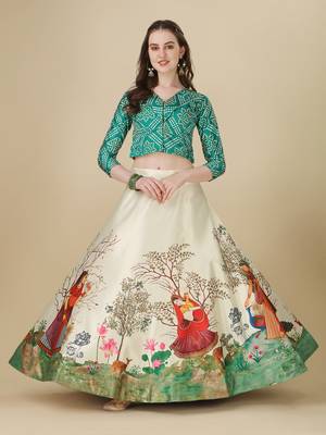 Ethnic Motifs Digital Print Shiney Satin Croptop Lehenga Choli With Unstitched Blouse For Women and Girls 1