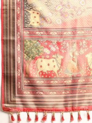 Digital Print Rapier Jequared Saree With Unstitched Blouse And Beautiful Multicoloured Thred Work At Pallu 4