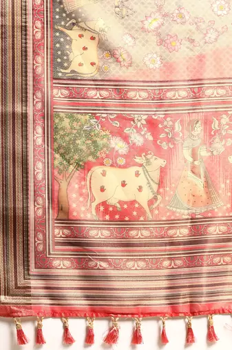 Digital Print Rapier Jequared Saree With Unstitched Blouse And Beautiful Multicoloured Thred Work At Pallu
