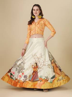 Ethnic Motifs Digital Print Shiney Satin Croptop Lehenga Choli With Unstitched Blouse For Women and Girls 1