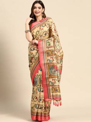 Digital Print Rapier Jequared Saree With Unstitched Blouse And Beautiful Multicoloured Thred Work At Pallu 1
