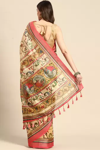 Digital Print Rapier Jequared Saree With Unstitched Blouse And Beautiful Multicoloured Thred Work At Pallu