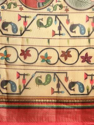 Digital Print Rapier Jequared Saree With Unstitched Blouse And Beautiful Multicoloured Thred Work At Pallu 3