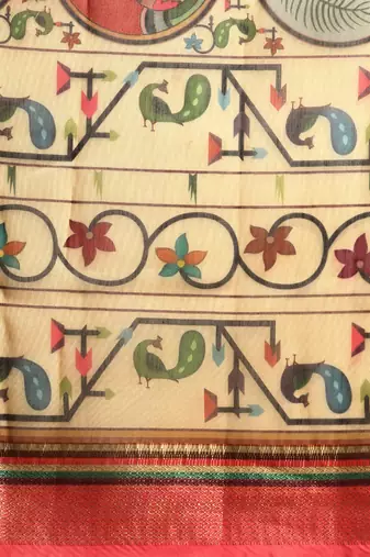 Digital Print Rapier Jequared Saree With Unstitched Blouse And Beautiful Multicoloured Thred Work At Pallu