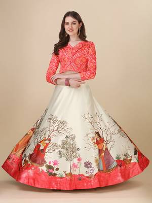 Ethnic Motifs Digital Print Shiney Satin Croptop Lehenga Choli With Unstitched Blouse For Women and Girls 1
