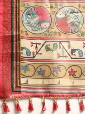 Digital Print Rapier Jequared Saree With Unstitched Blouse And Beautiful Multicoloured Thred Work At Pallu 4
