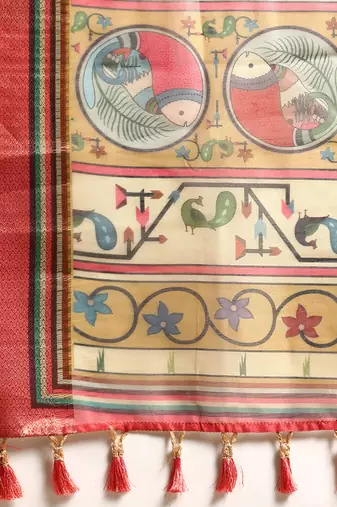 Digital Print Rapier Jequared Saree With Unstitched Blouse And Beautiful Multicoloured Thred Work At Pallu