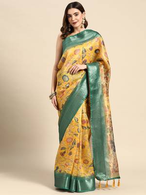 Digital Print Rapier Jequared Saree With Unstitched Blouse And Beautiful Multicoloured Thred Work At Pallu 1