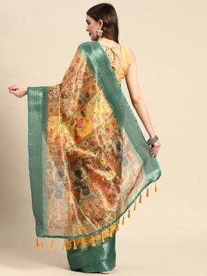 Digital Print Rapier Jequared Saree With Unstitched Blouse And Beautiful Multicoloured Thred Work At Pallu 2