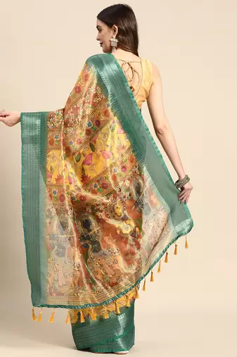 Digital Print Rapier Jequared Saree With Unstitched Blouse And Beautiful Multicoloured Thred Work At Pallu