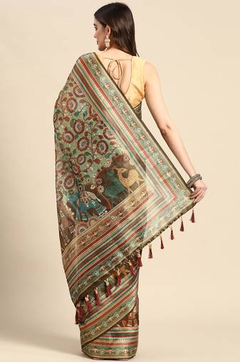 Digital print rapier jequared saree with unstitched blouse and beautiful multicoloured thred work at pallu