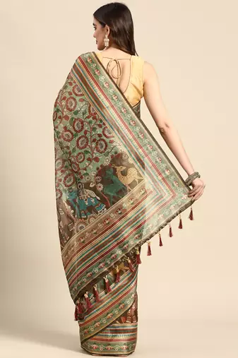 Digital print rapier jequared saree with unstitched blouse and beautiful multicoloured thred work at pallu