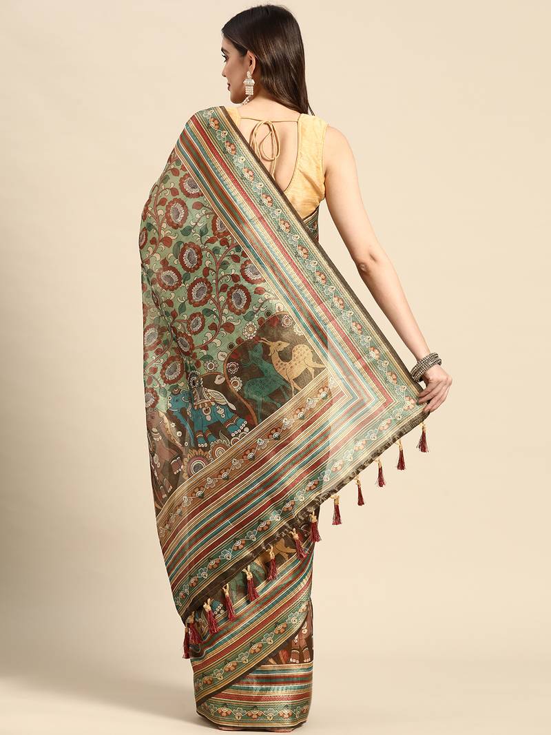 Digital print rapier jequared saree with unstitched blouse and beautiful multicoloured thred work at pallu