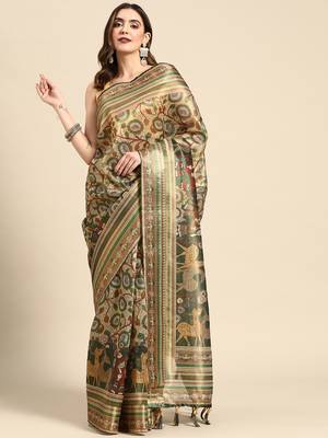 Digital Print Rapier Jequared Saree With Unstitched Blouse And Beautiful Multicoloured Thred Work At Pallu 1