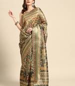 Digital Print Rapier Jequared Saree With Unstitched Blouse And Beautiful Multicoloured Thred Work At Pallu