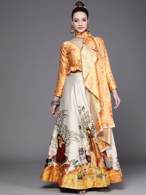 Ethnic Motifs Digital Print Shiney Satin Croptop Lehenga Choli With Unstitched Blouse For Women and Girls 1