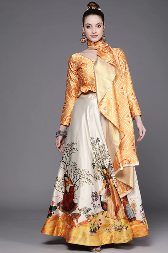 Ethnic Motifs Digital Print Shiney Satin Croptop Lehenga Choli With Unstitched Blouse For Women and Girls