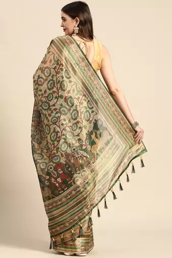 Digital Print Rapier Jequared Saree With Unstitched Blouse And Beautiful Multicoloured Thred Work At Pallu