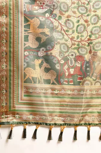 Digital Print Rapier Jequared Saree With Unstitched Blouse And Beautiful Multicoloured Thred Work At Pallu