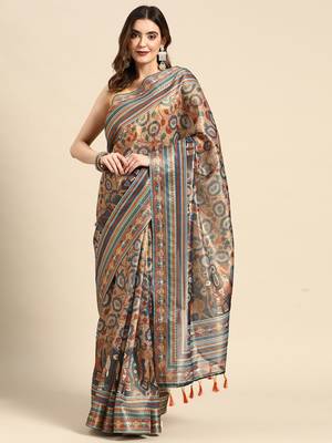 Digital Print Rapier Jequared Saree With Unstitched Blouse And Beautiful Multicoloured Thred Work At Pallu 1
