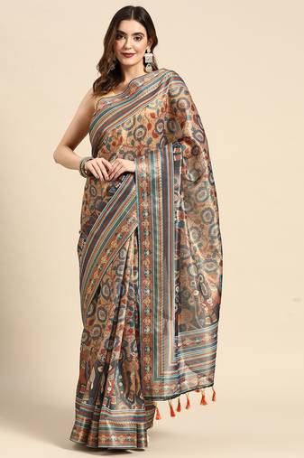 Digital Print Rapier Jequared Saree With Unstitched Blouse And Beautiful Multicoloured Thred Work At Pallu