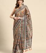 Digital Print Rapier Jequared Saree With Unstitched Blouse And Beautiful Multicoloured Thred Work At Pallu