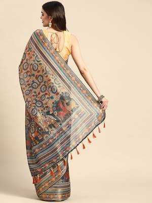 Digital Print Rapier Jequared Saree With Unstitched Blouse And Beautiful Multicoloured Thred Work At Pallu 2