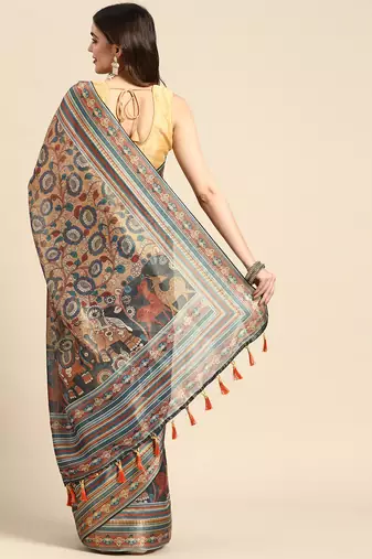Digital Print Rapier Jequared Saree With Unstitched Blouse And Beautiful Multicoloured Thred Work At Pallu