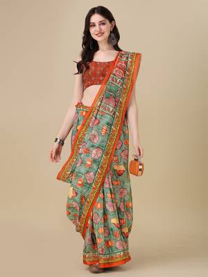 Kalamkari Digital Print Zari Cotton Lilen  Saree With Multicolored Cotton Tussle At Pallu 1