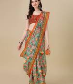 Kalamkari Digital Print Zari Cotton Lilen  Saree With Multicolored Cotton Tussle At Pallu