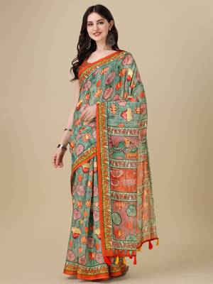 Kalamkari Digital Print Zari Cotton Lilen  Saree With Multicolored Cotton Tussle At Pallu 2
