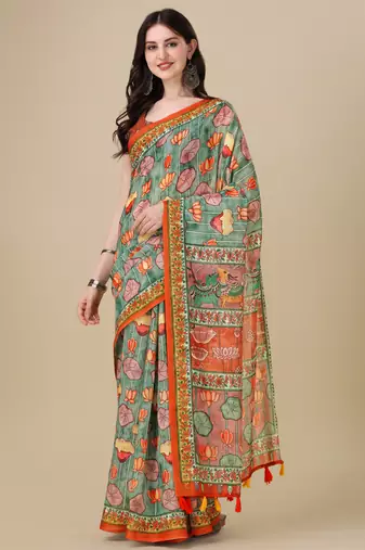 Kalamkari Digital Print Zari Cotton Lilen  Saree With Multicolored Cotton Tussle At Pallu