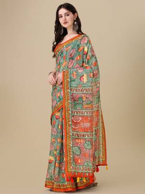 Kalamkari Digital Print Zari Cotton Lilen  Saree With Multicolored Cotton Tussle At Pallu 3