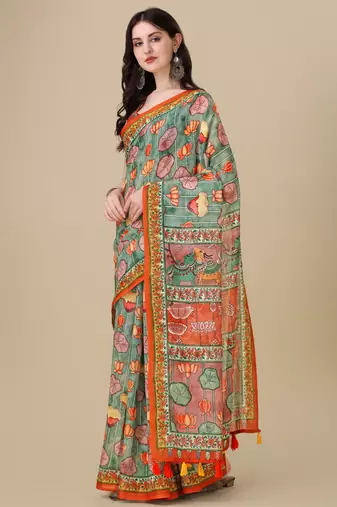 Kalamkari Digital Print Zari Cotton Lilen  Saree With Multicolored Cotton Tussle At Pallu
