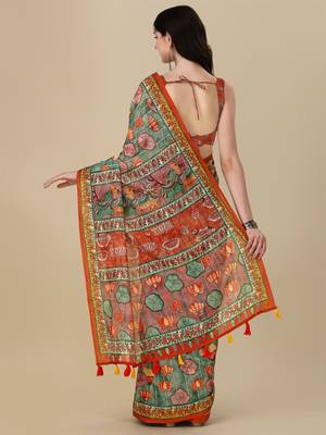 Kalamkari Digital Print Zari Cotton Lilen  Saree With Multicolored Cotton Tussle At Pallu 4