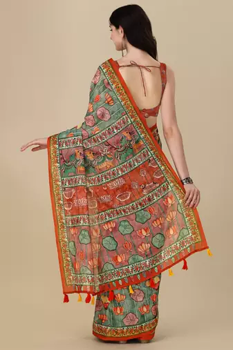 Kalamkari Digital Print Zari Cotton Lilen  Saree With Multicolored Cotton Tussle At Pallu
