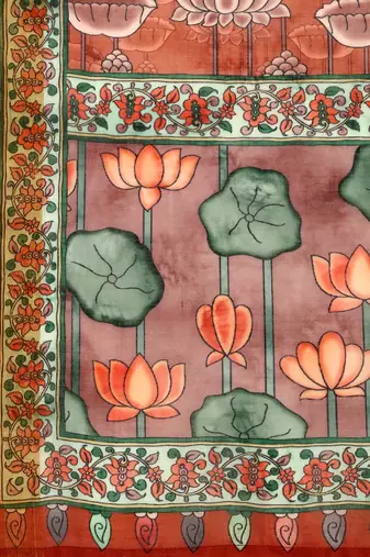 Kalamkari Digital Print Zari Cotton Lilen  Saree With Multicolored Cotton Tussle At Pallu