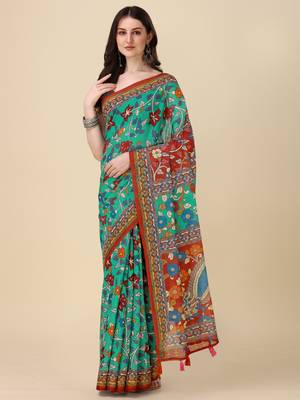 Kalamkari Digital Print Zari Cotton Lilen  Saree With Multicolored Cotton Tussle At Pallu 1
