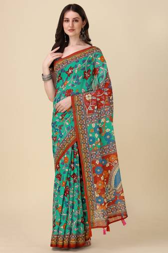Kalamkari Digital Print Zari Cotton Lilen  Saree With Multicolored Cotton Tussle At Pallu
