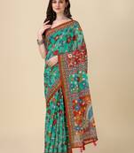 Kalamkari Digital Print Zari Cotton Lilen  Saree With Multicolored Cotton Tussle At Pallu