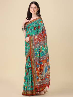Kalamkari Digital Print Zari Cotton Lilen  Saree With Multicolored Cotton Tussle At Pallu 2